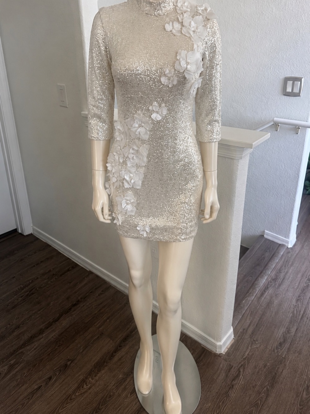 HELSI ivory  Sequin Mini Dress with 3D Floral Appliqué